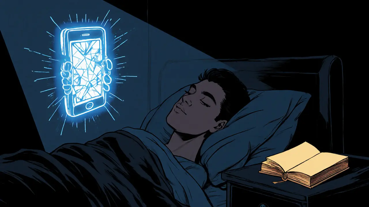 Člověk spí v posteli, zatímco modré světlo telefonu se jako duch vznáší nad ním.