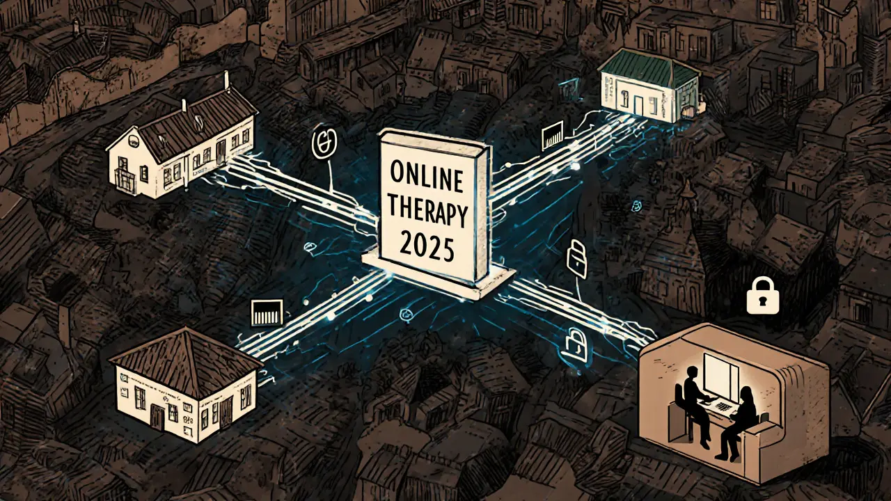 Digitální síť spojující domy v Česku s centrem online terapie, textury dřevořezu.