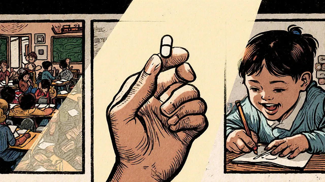 Dítě drží lék ve své ruce, za ním se zobrazují dvě scény: škola a kreslení, v stylu dřevořezu.