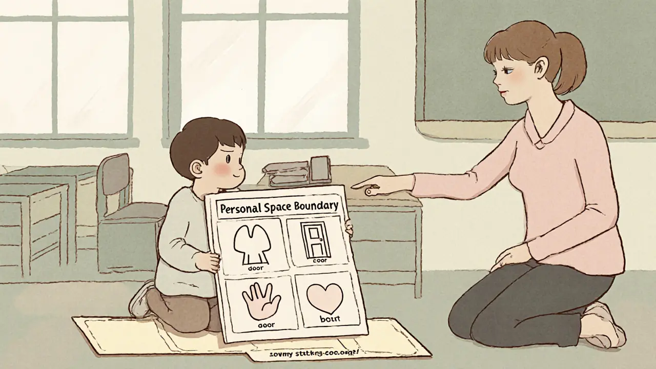 Dítě s autismem se učí o osobním prostoru pomocí vizuální pomůcky ve škole.
