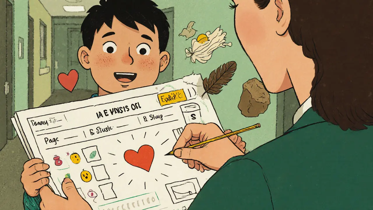 Dítě se dívá na barevný pracovní list, z něj vyrůstají abstraktní obrazy strachu jako větrník a kámen.