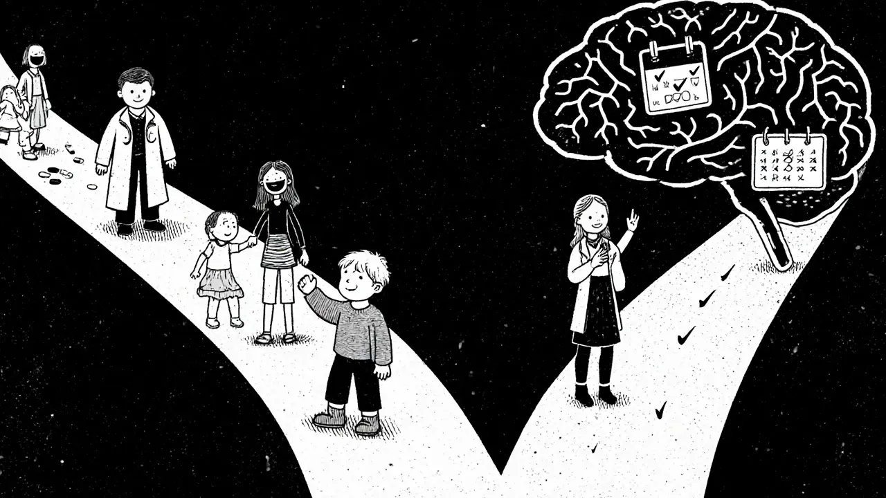 Dvě cesty k ADHD léčbě: léky vs. podpora rodiny a terapie, obě vедou k silnějšímu dítěti.