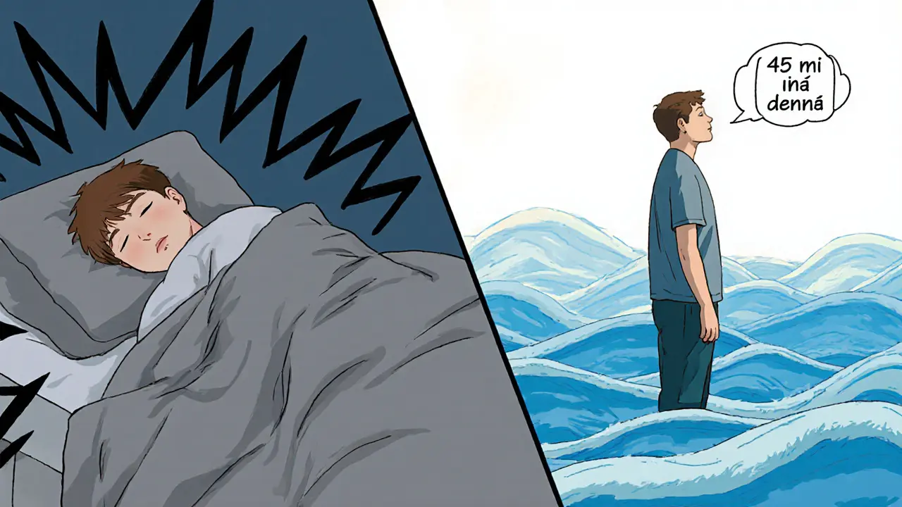 Dvě scény: jedna s vyčerpáním, druhá s klidem — přechod díky denní praxi mindfulness.