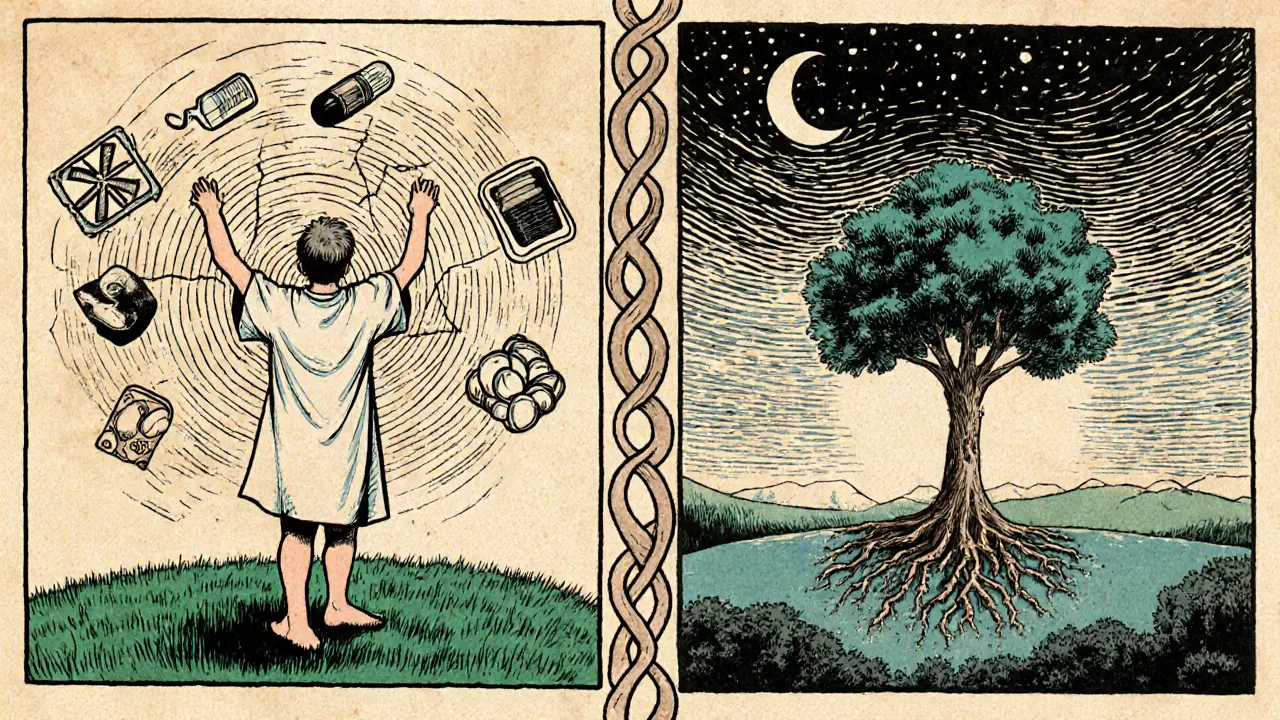 Dvě scény: jedna v nemocnici s rozbitými léky, druhá na trávníku s energií proudící z těla.