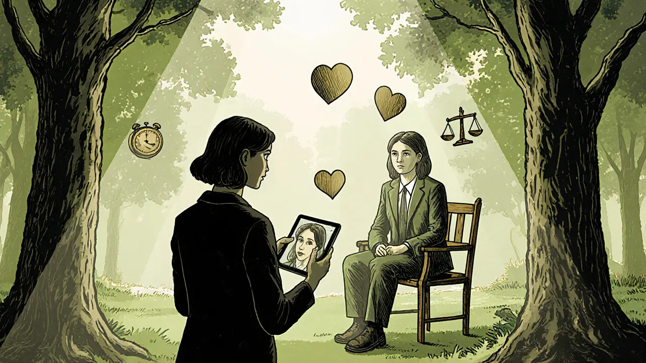 Hybridní terapie: klient v přírodě s obrazem terapeuta, vedle něj jeho průhledná podoba.