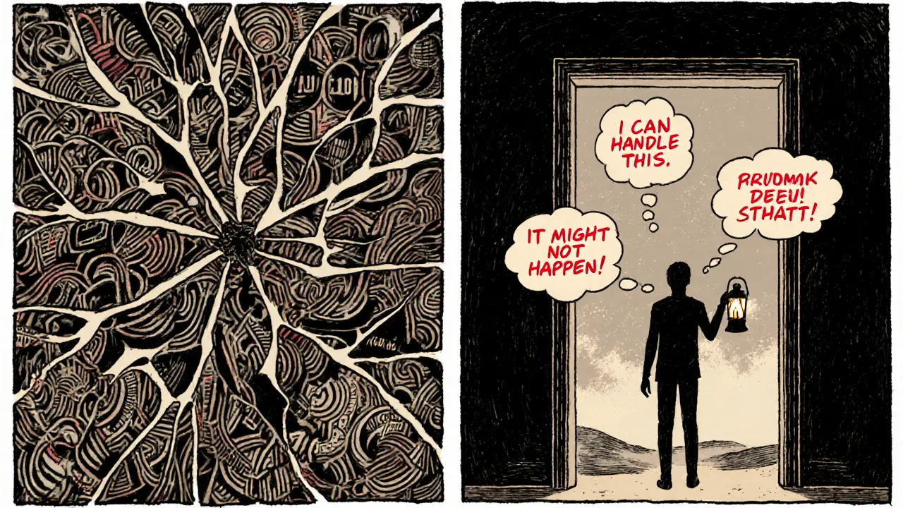 Kontrast mezi opakujícími se traumaty v zrcadle a budoucností plnou naděje, kde pacient drží lucernu.