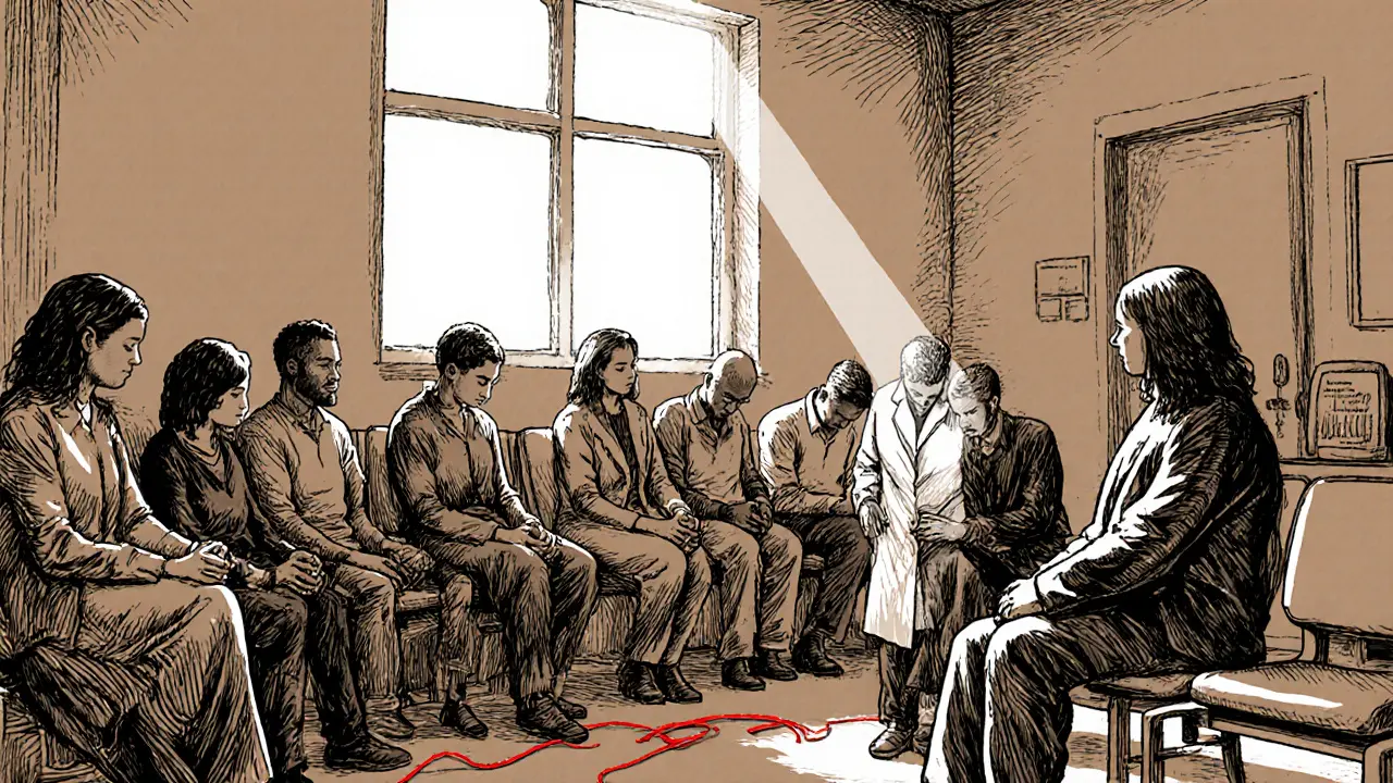 Lidé v čekárně psychiatrické pohotovosti, lékař naslouchá, slunce proniká skrz okno.