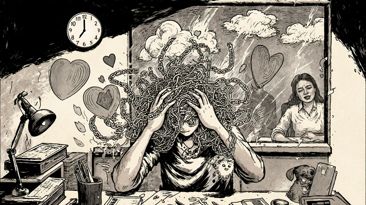 Osoba drží hlavu, z jejího těla vyrůstají spirály úzkosti, v pozadí zamrznutý hodiny a rozptýlené předměty.