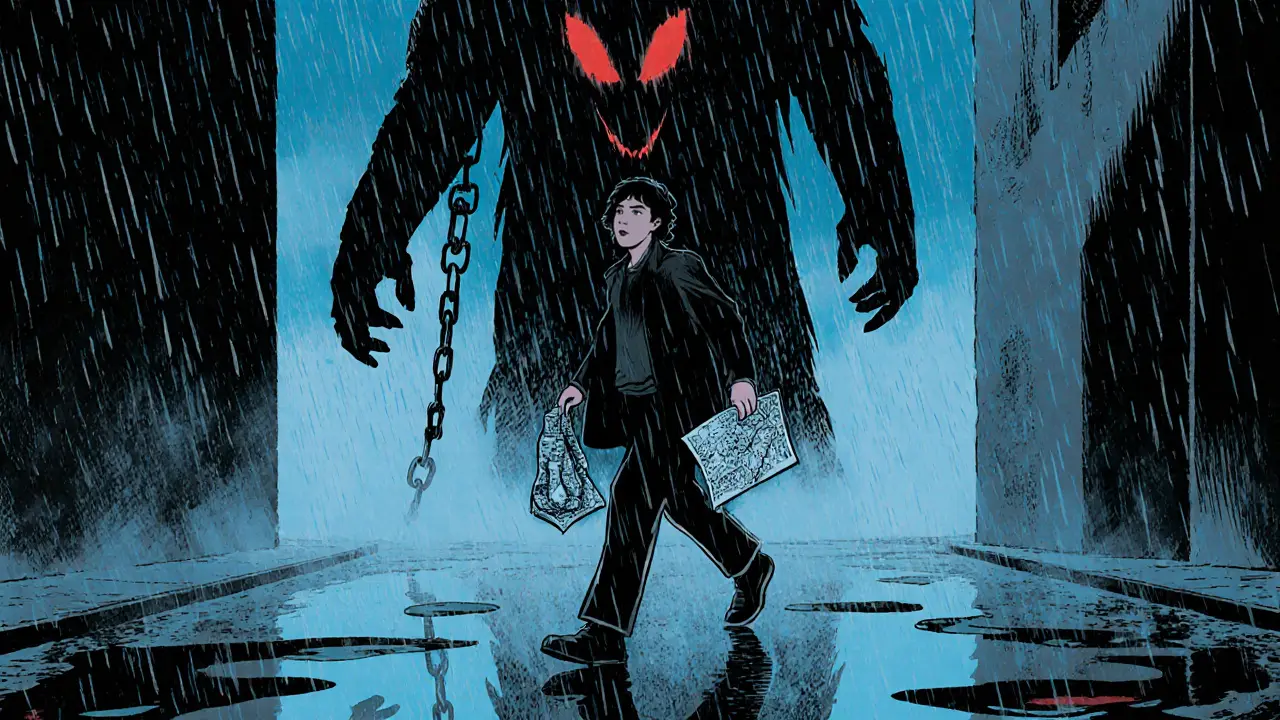 Osoba jde ulicí s krizovou mapou, za ní se rozplynou stíny bažení.