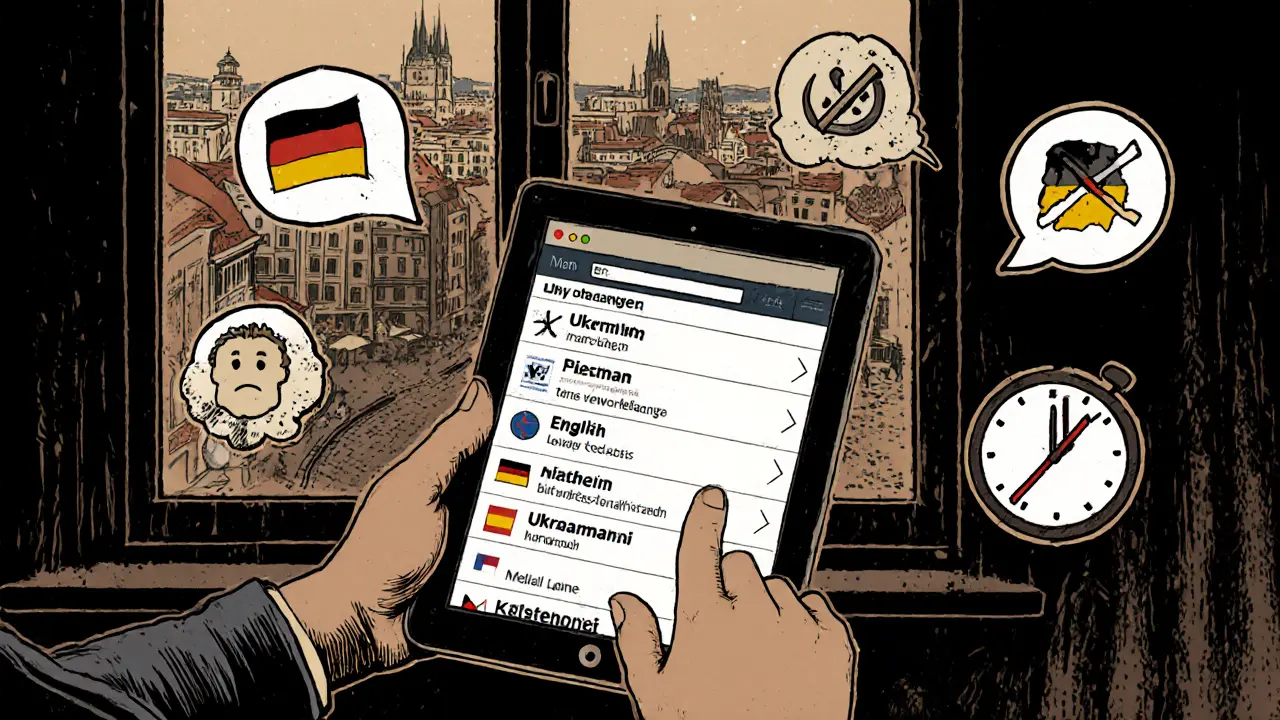 Osoba prochází seznamem terapeutů na tabletu, kolem ní symboly jazykových bariér.