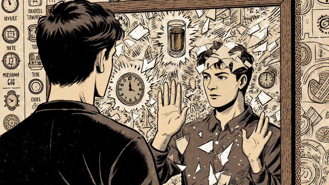 Osoba říká &#039;STOP!&#039; a její odraz v zrcadle se rozpadá na kousky.