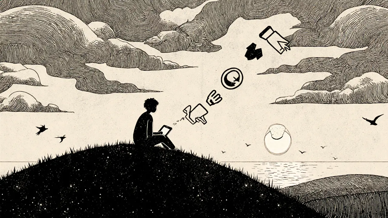 Osoba sedí na kopci při východu slunce, telefon leží vedle ní, zatímco se dívá na oblohu.