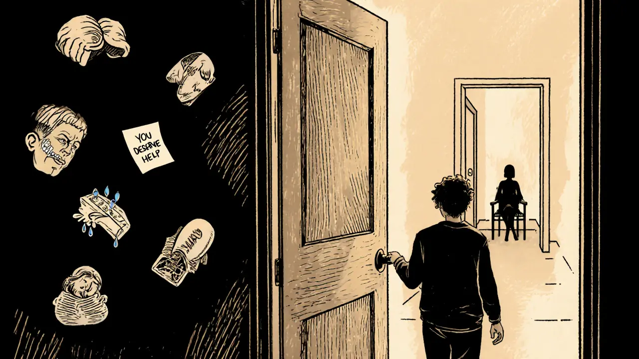 Osoba stojí u dveří, za ní temnota bolestí, před ní teplý chodba s terapeutem čekajícím na židli.