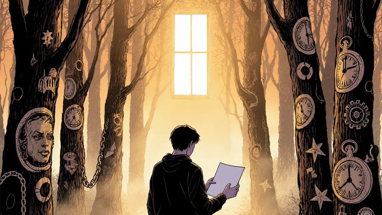 Osoba stojí u lesa, drží prázdný list, zatímco záře z okna naplňuje její ruku.