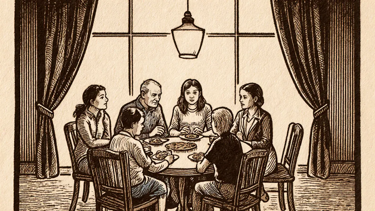 Pět rodin sdílí jídlo a zkušenosti v skupinové terapii.