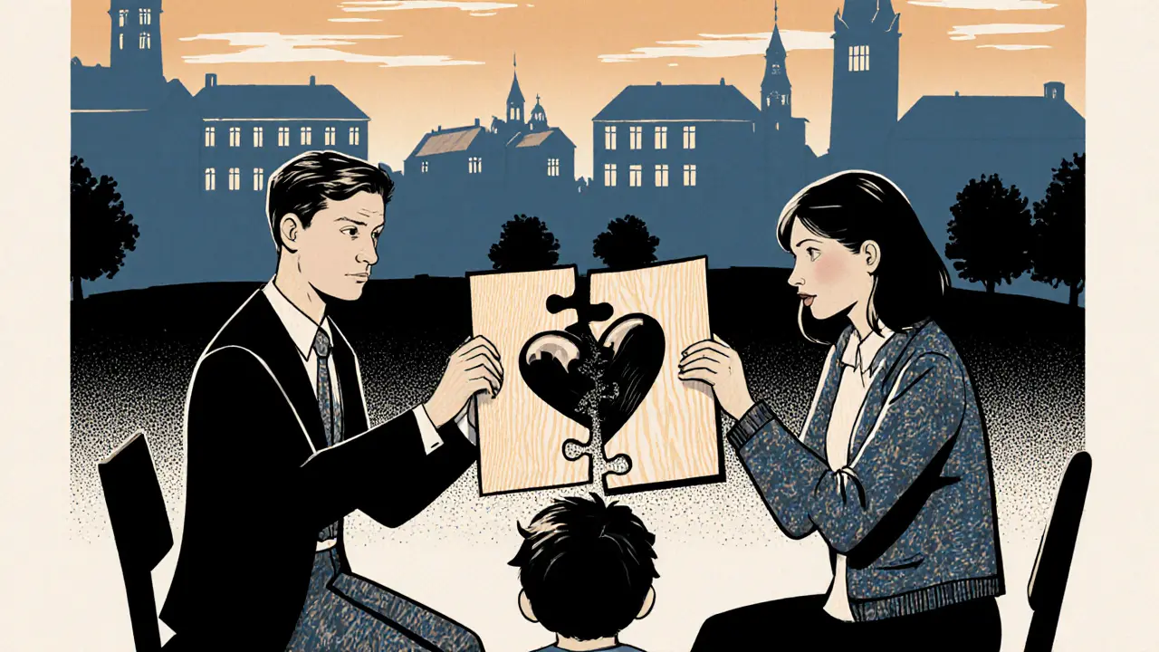 Psychiatr, terapeut a rodič společně skládají skládačku ve tvaru srdce, za nimi český městský kraj.