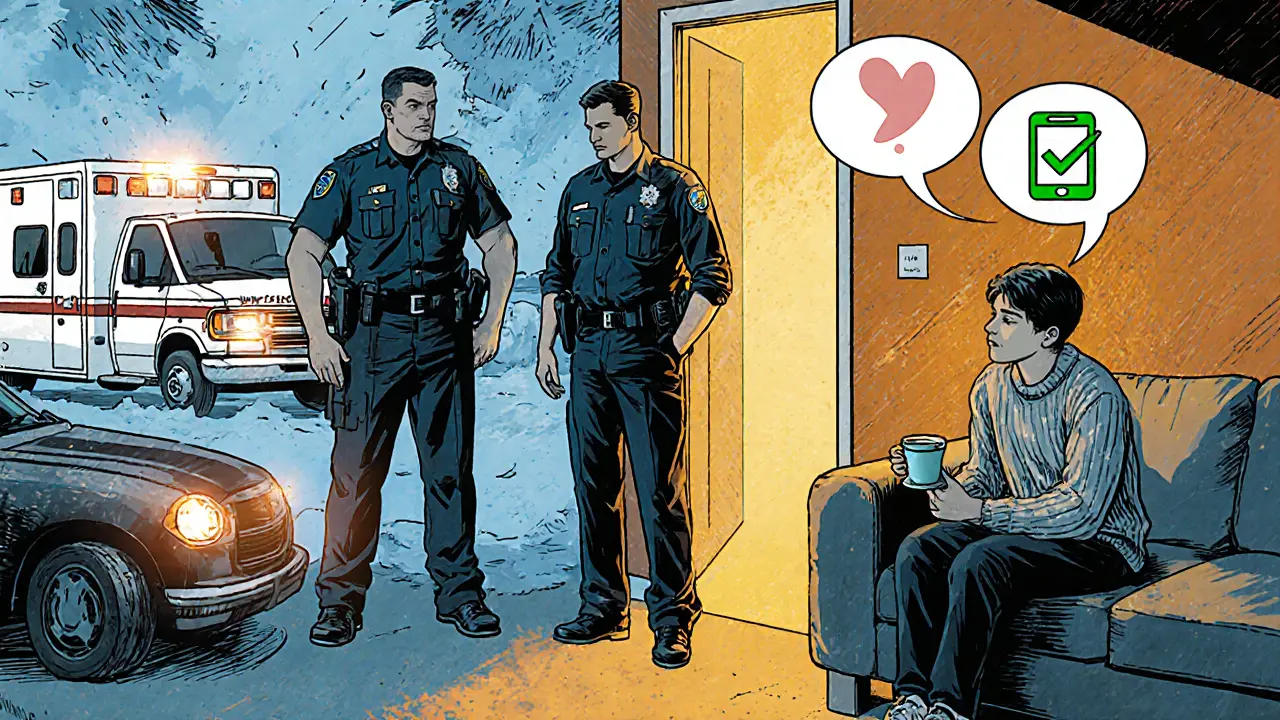 Psycholožka sedí s teenagrem, zatímco záchranáři stojí na prahu, teplé světlo proti studenému.