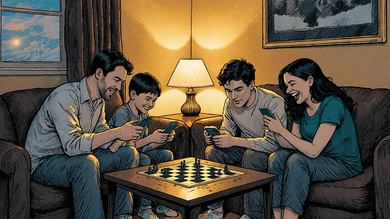 Rodina společně hraje desky, telefony jsou obrácené dolů, teplé světlo a klidná atmosféra.