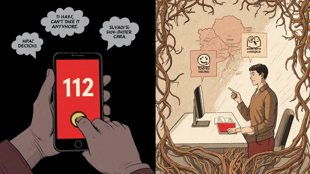 Ruka drží telefon s 112, za ním dva scény: izolace a podpora, symboly spojení v dřevorytovém stylu.