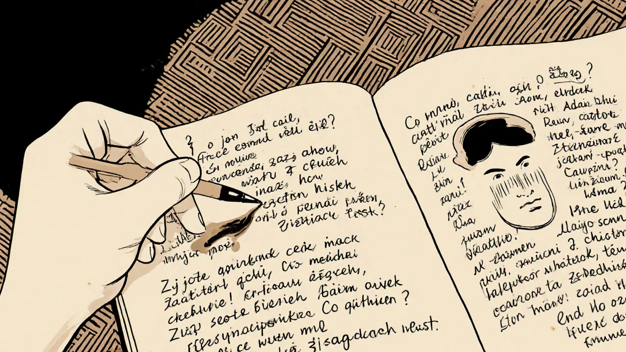 Ruka píšící v deníku s otázkami o pocity, v dřevořezovém stylu.