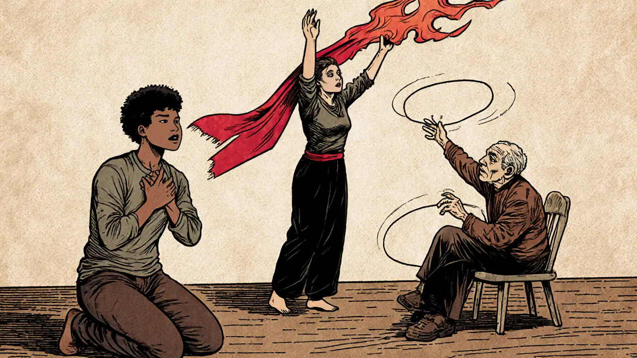 Skupina lidí se pohybuje v tichosti, někteří stojí, jiní sedí, jeden drží červený šátek, který létá jako plamen.