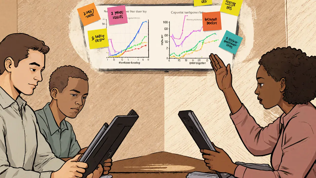 Skupina lidí trénuje kognitivní funkce ve společnosti terapeuty, na obrazovce viditelný pokrok.