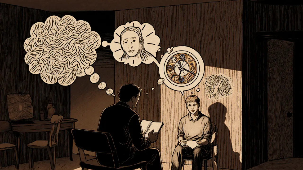 Terapeut a dospělý s autistickým spektrem v klidné místnosti s myšlenkovými bublinami ve tvaru mechanismů.