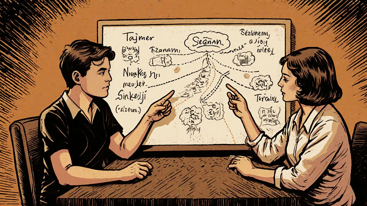 Terapeut a dospělý spolu na stole analyzují strategie pro ADHD pomocí nápisů na tabuli.