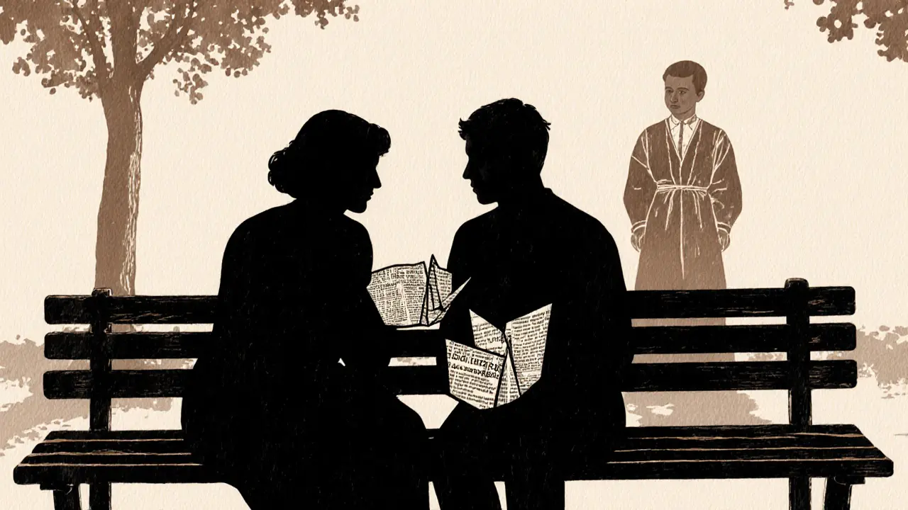 Terapeut a klient sedí na lavičce, jejich stíny se spojují, za nimi stín dětství.