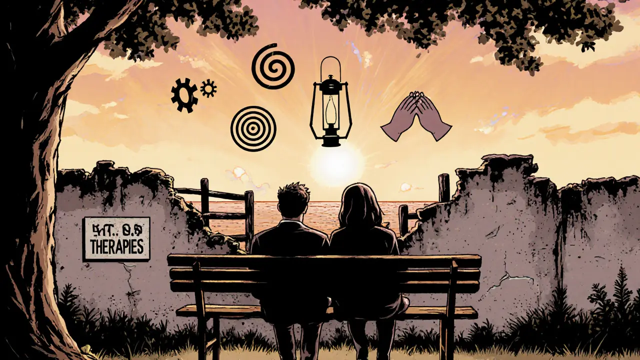 Terapeut a klient sedí pod stromem, zatímco symboly terapií plují k obzoru.