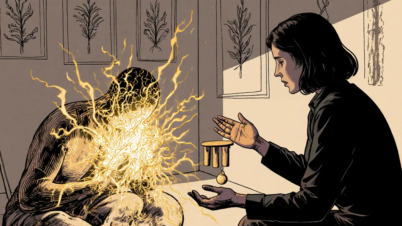 Terapeut a klient v klidné místnosti, klient se třese, z jeho těla vychází zlatá energie.