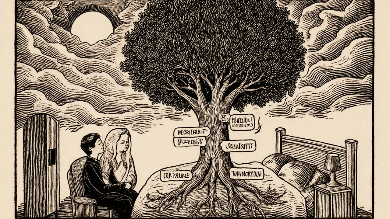 Terapeut a pacient spolu, strom rostoucí z jejich hrudníku s kořeny spojenými se spánkem.
