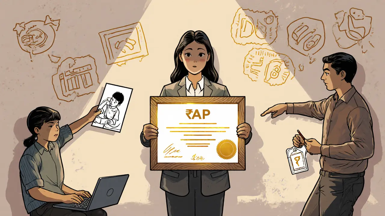 Terapeut drží certifikát ČAP, tři klienti se k němu blíží s různými potřebami.