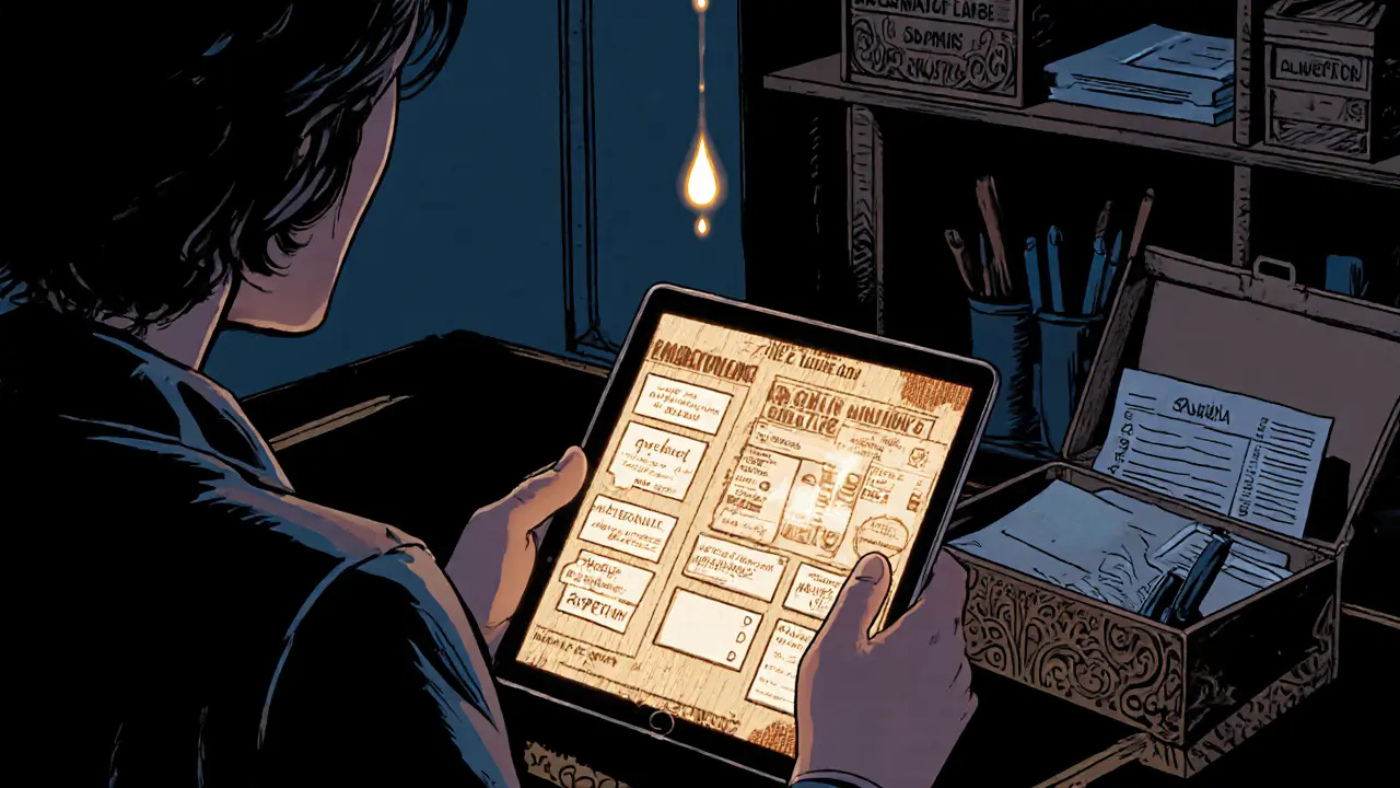 Terapeut používá tablet s interaktivní mapou emocí, digitální prvky se míchají s dřevorytem.