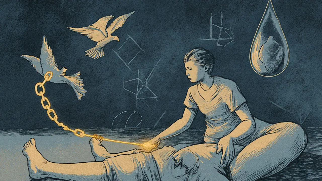 Terapeut sedí vedle klienta na zemi, mezi nimi se táhne zlatá nit spojující pohyb s symboly volnosti a uzdravení.