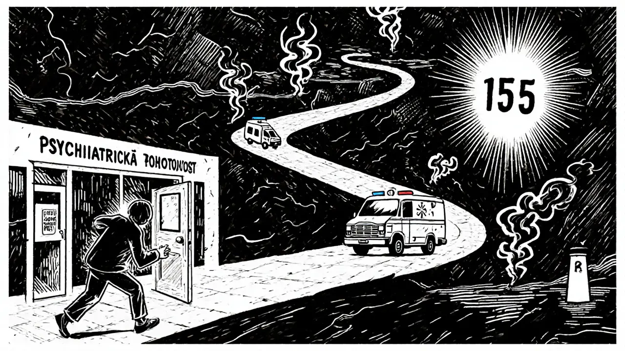 Tři cesty k pomocí: nemocnice, záchranná služba a telefonní číslo 155 v kresleném stylu.