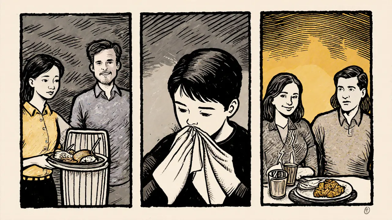 Tři scény FBT: od odporu přes skrývání jídla k přijetí jídla.