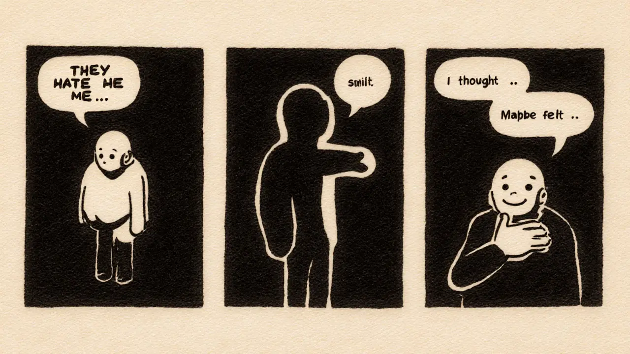 Tři scény přemýšlení: rigidita, odtažitost a reflexe v stylu dřevořezu.