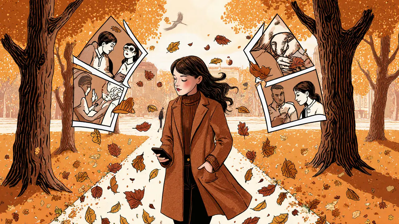 Žena prochází pražským parkem, vypíná telefon a užívá si přírodu v podzimním světle.