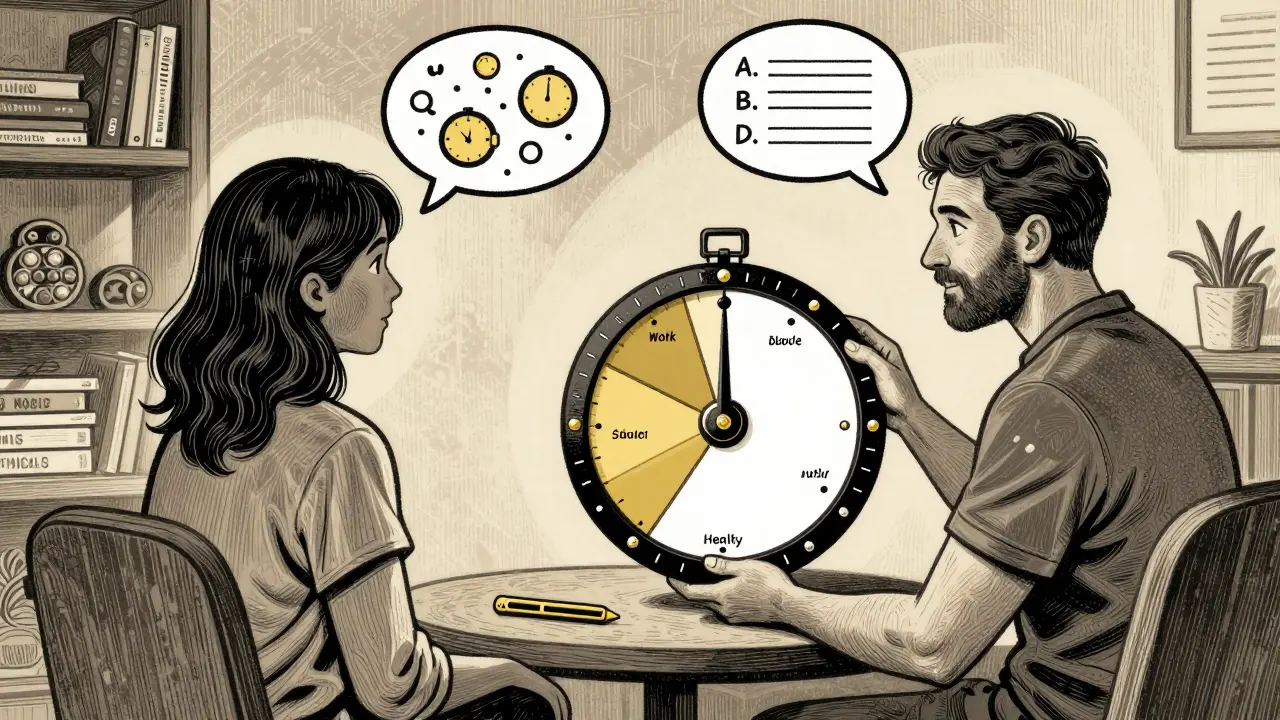 ADHD kouč a klient spolu analyzují kolo rovnováhy s nevyváženými oblastmi života.