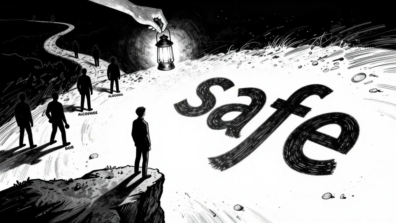 Člověk na okraji útesu vidí minulé závislosti, ruka s lucernou přináší bezpečí.