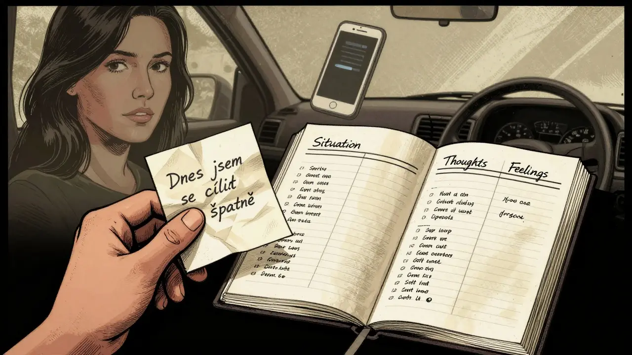 Deník s rozdělenými sloupci a stíny minulých situací za ním.