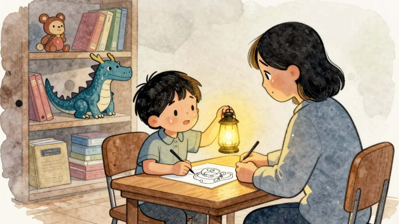 Dítě kreslí nový, nebezpečný sen s přátelským drakem, terapeut sedí vedle něj.