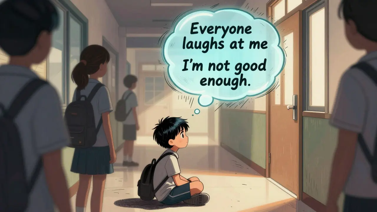 Dítě v chodbě školy, nad hlavou třešťové myšlenky strachu, ostatní postavy rozmazané.