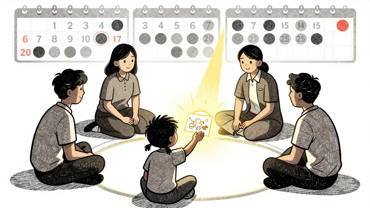 Dítě v kruhu dospělých, kteří ho podporují, světlo označuje postupné vracení se do školy.