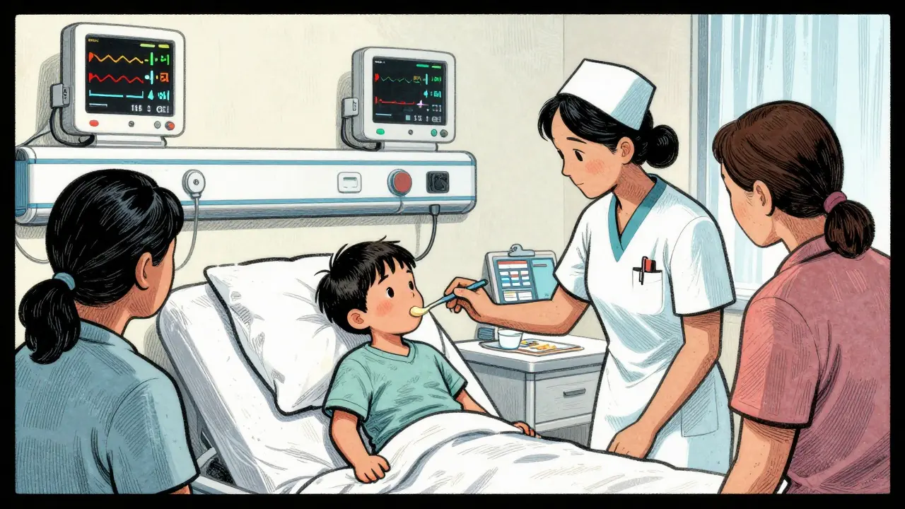 Dítě v nemocnici během strukturovaného krmení, rodiče pozorují, žádné násilí, jen péče.