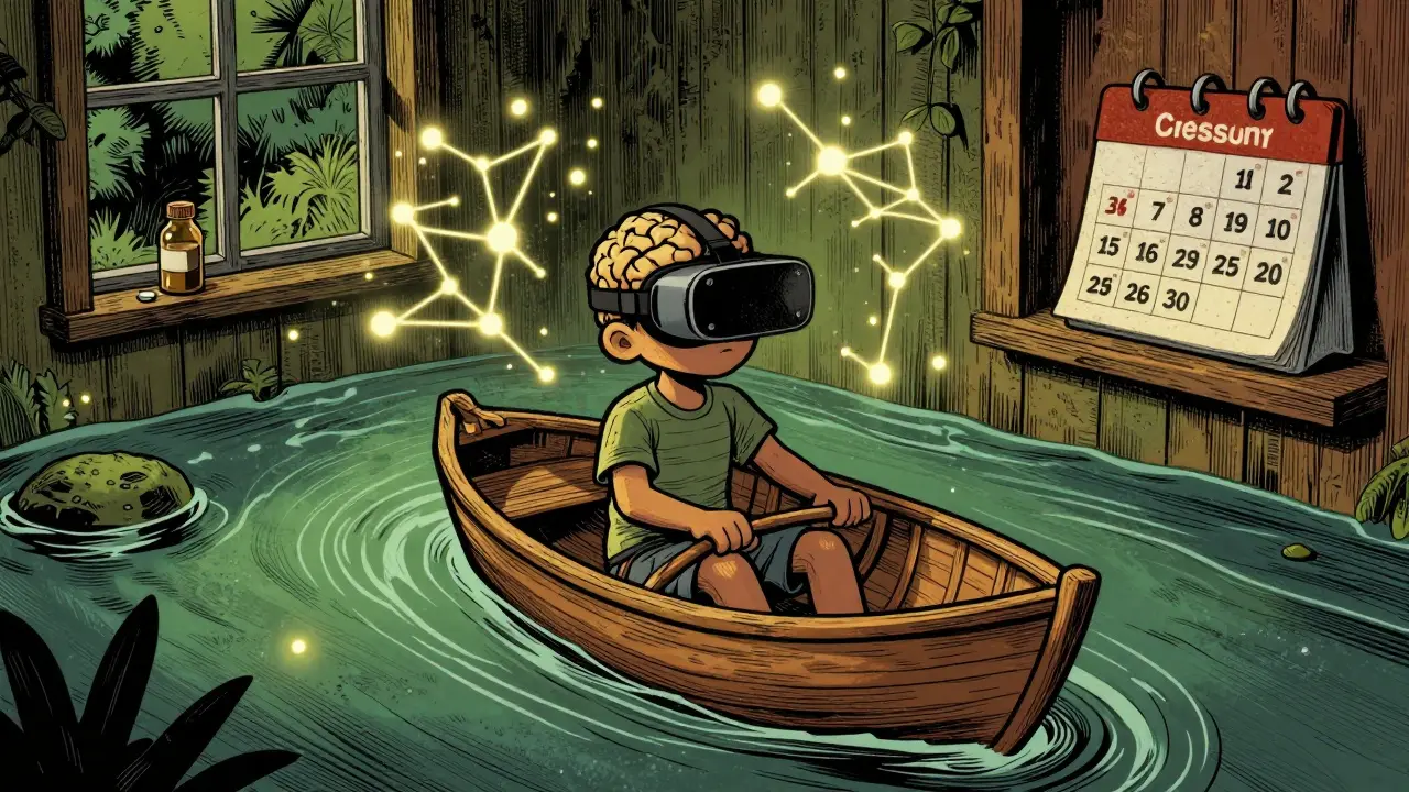 Dítě ve VR headsetu pluje lodí ve virtuálním světě, kde klidné myšlenky pohybují loď.