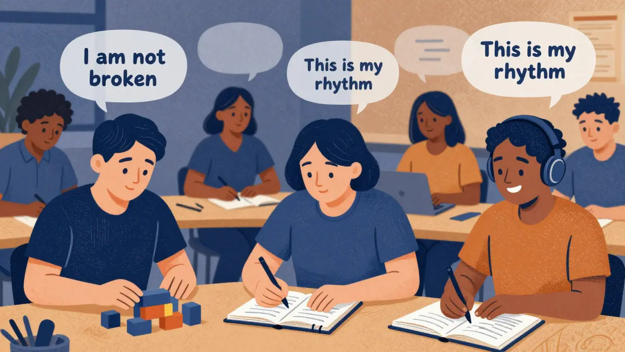 Dospělí s autismem v komunitním centru, každý v klidné aktivitě, nad nimi myšlenky o přijetí.