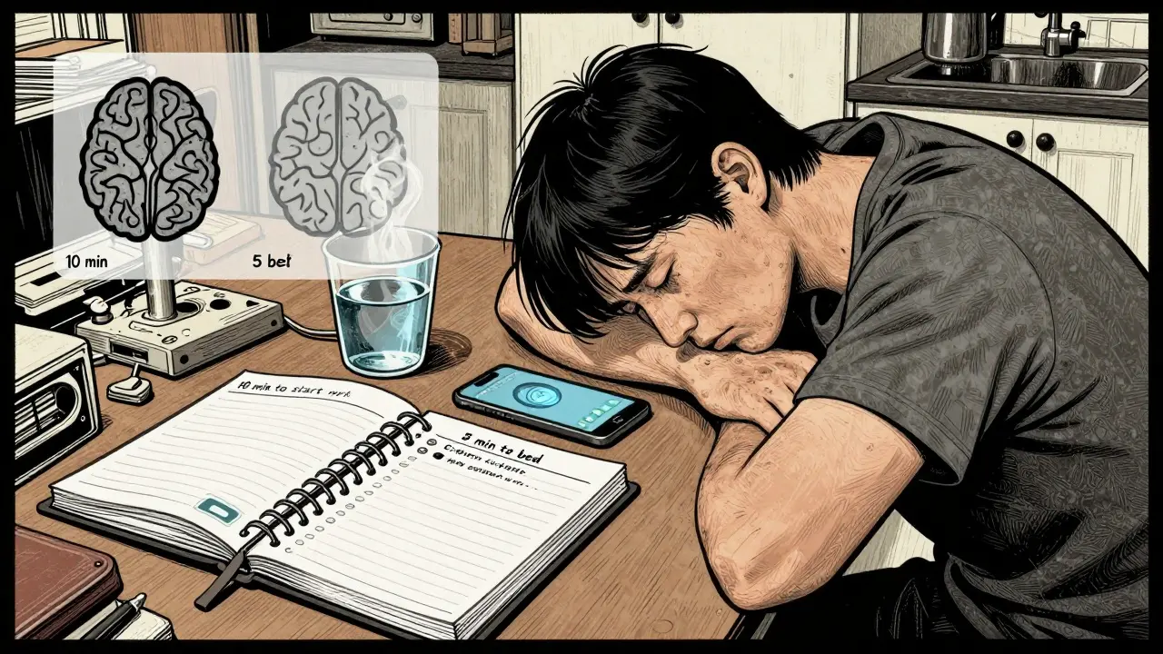 Dospělý s telefonem s připomínkami sedí u stolu, vedle něj uspořádaný plán a sklenice vody.