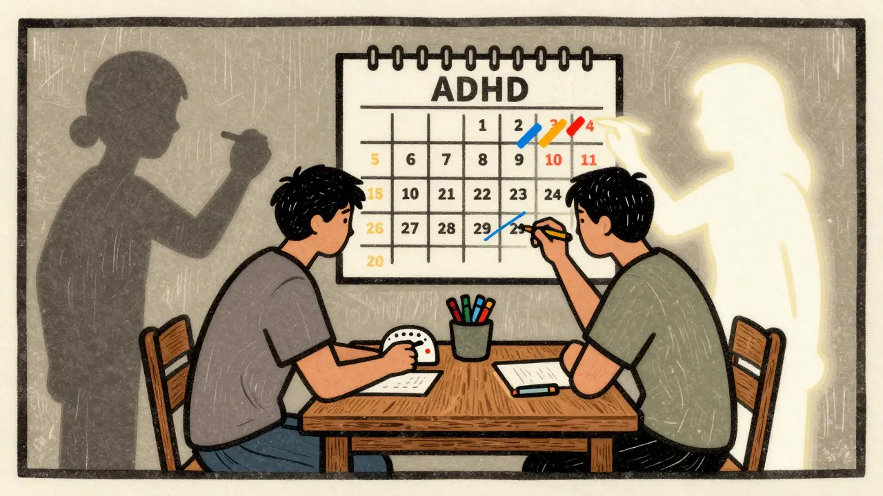 Dvě osoby pracují na stolu: jedna používá časovač, druhá vybarvuje kalendář, přítomnost podpory je vidět jako světlo.